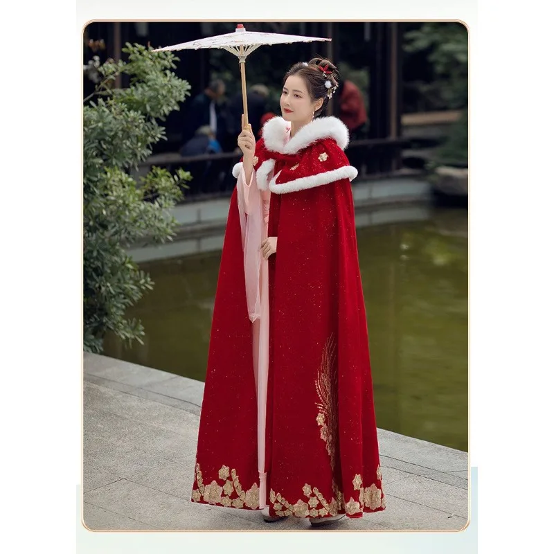 Doupeng Hanfu Women's Winter Red Xiuhe Dress Cape Long Fur Collar Ancient-style Dress Shawl with Added Fleece Thickened Warmth