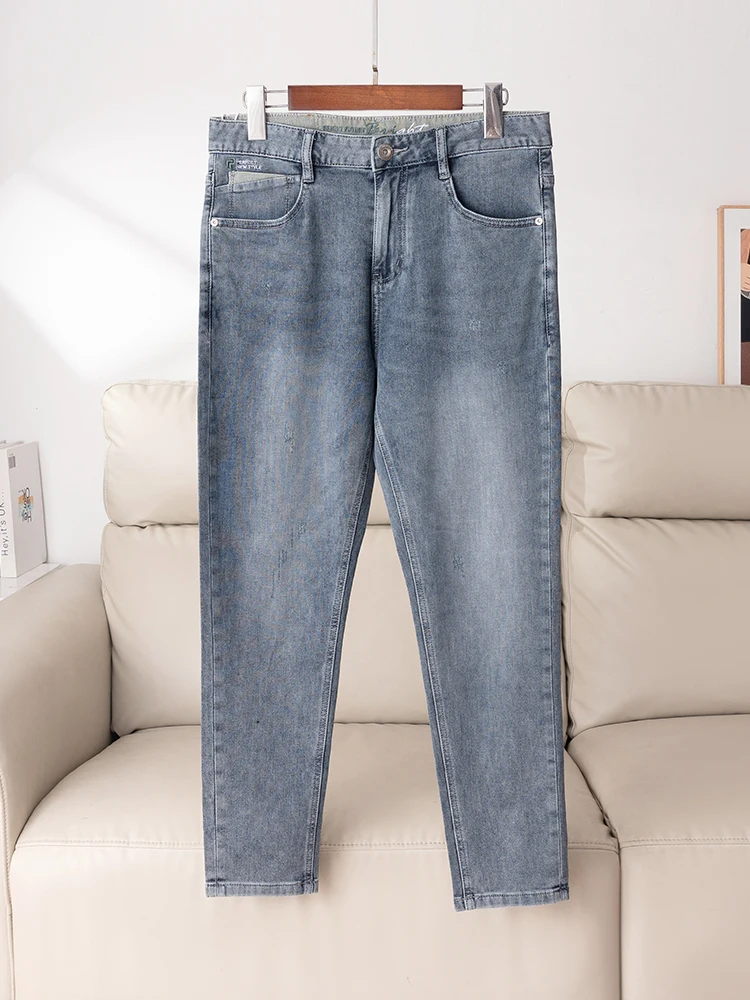 

Светло-голубые джинсы из денима, 9 предметов, мужские повседневные брюки, прямой крой, эластичные, дышащие, летние, модные, молодежные, из смесового хлопка