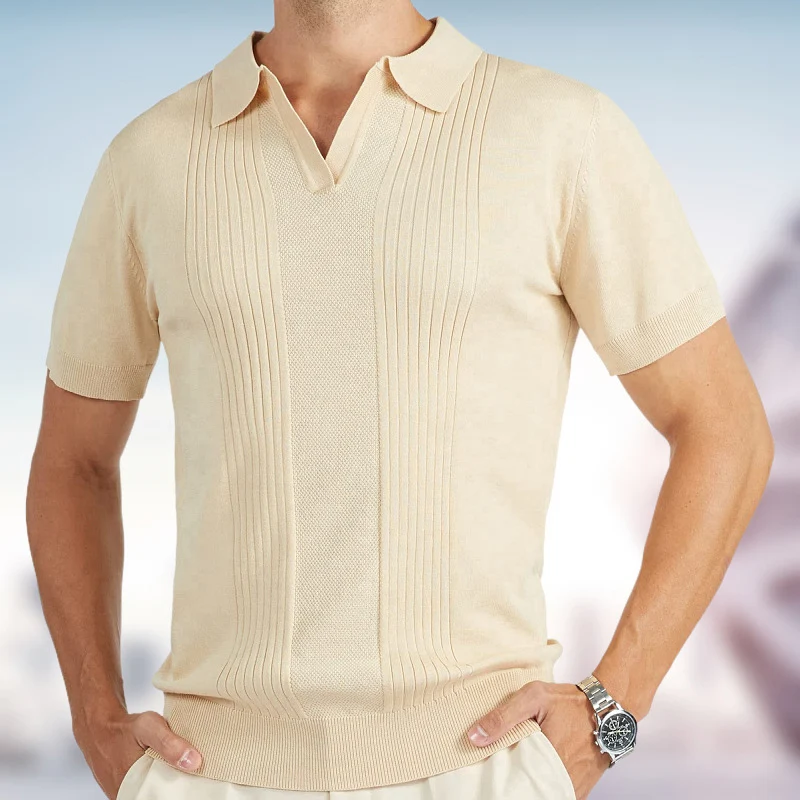 

Solid Color Slim Knitted Mens Polo Shirts New Casual Short Sleeve Lapel Knit Tops Men Vintage V Neck Polo T Shirt Male Knitwear