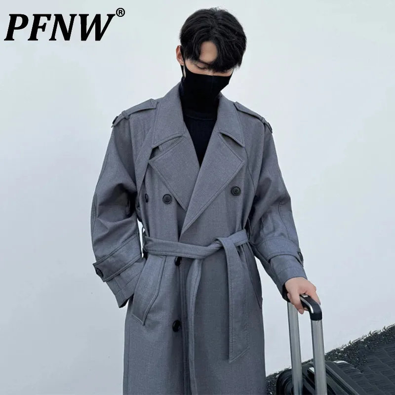 PFNW Menswear Classic Double-breasted Grey Windbreaker Loose Fit Lapel Knee Length Trench With Belt Autumn New Long Coat 12C1300