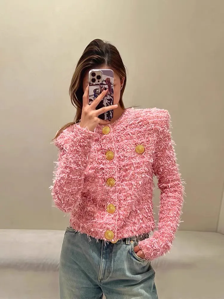 Elegant Office Ladies Slim Fit Short Coat Spring Autumn Outerwear Long Sleeve O Neck Women Sweet Fashion Weave Tweed Jacket Tops