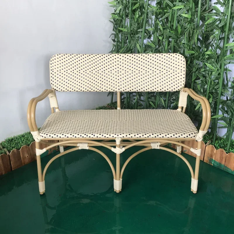 

Aluminum tube imitation wood grain rattan bench, imitation bamboo casual armrest back chair, outdoor rattan chair 5 in a group