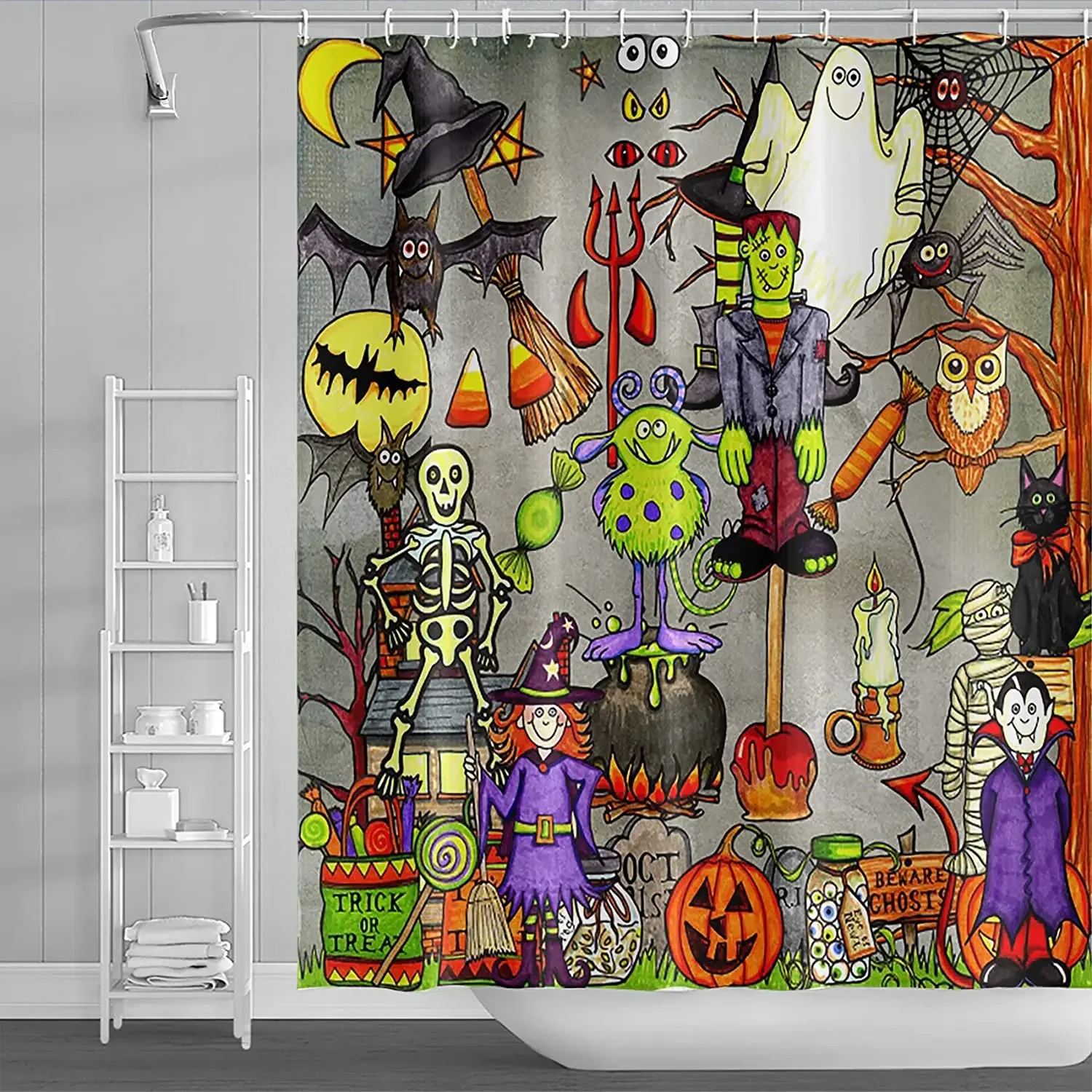 Funny Halloween Shower Curtains For Kids Creepy Zombie Skull Bat And Spider Web In Haunted House Children Bathroom Decor