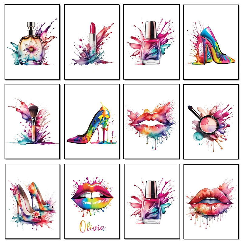 Modern Fashion Cosmetics Lipstick Heels Perfume Lips Watercolor Artwork Poster Canvas Paintings Wall Art Pictures Home Decor