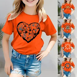 Love Heart Print Tee Orange Shirt For Kids Girls Short Sleeve Tee O-neck T Shirt Casual Fit  Comfy Shirts Non Sweat Undershirt