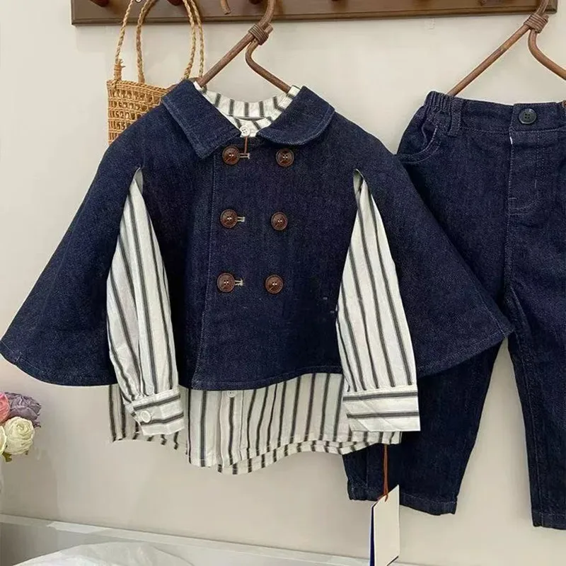 

Baby Boys Children Suits Summer Kids Fashion Casual Jean Cloak +Stripe Shirt+Pants 3Pcs Sets Handsome Hip Hop Streetwear