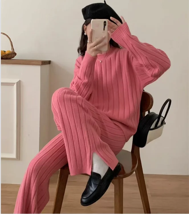 Autumn Winter 2 Pieces White Women\'s Sets Knitted Tracksuit Turtleneck Sweater and Straight Jogging Pant Suits 2024 New