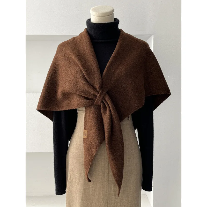 الخريف والشتاء النسخة الكورية الجديدة المرأة الرقبة التفاف الصوف المخلوطة الثلاثي شال الإناث سميكة مع محبوك الكتف الدافئ