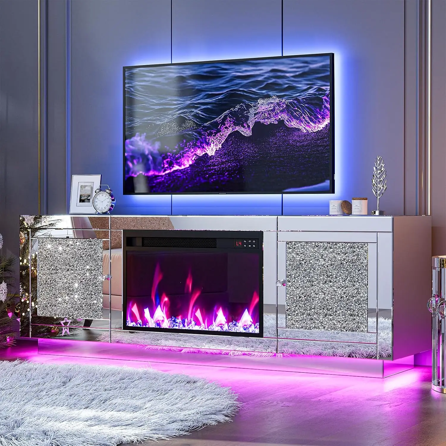Silver Mirrored Fireplace TV Stand With Crushed Diamond & LED Light, Media Center Storage For Living Room, Customized