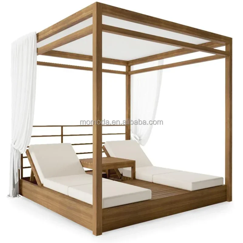 

Furniture Luxury Modern Style Poolside square chaise Sunbed Canopy Outdoor Teak wood Daybed With Curtains