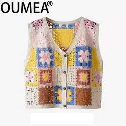 OUMEA Women Cotton Crochet Cardigans Multi Color Crochet Sweater Knitting BOHO Tops Summer Grandma Style V Neck Casual Tops