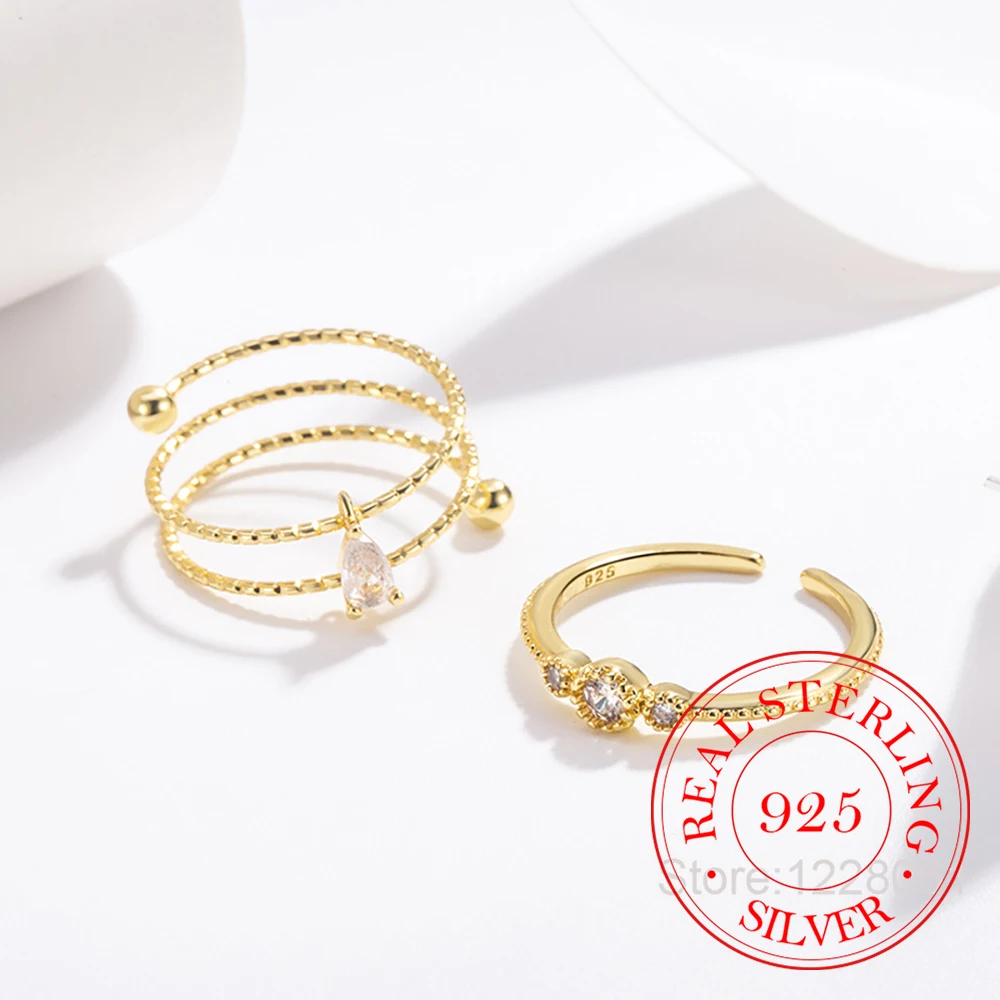 925 Sterling Silver 18K Gold Plated Crystal 3-layer Waterdrop Finger Rings for Women Wedding Party Jewelry For Girls Friend Gift