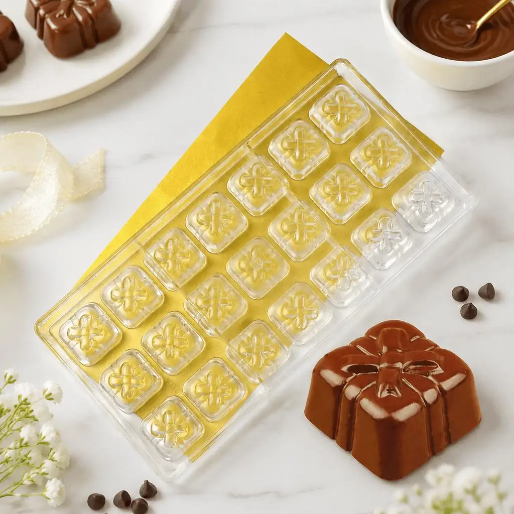 Christmas Gift Box Polycarbonate Chocolate Mold, Clear 3D Present‑Shaped Candy Mould, Reusable DIY Baking Tool for Xmas