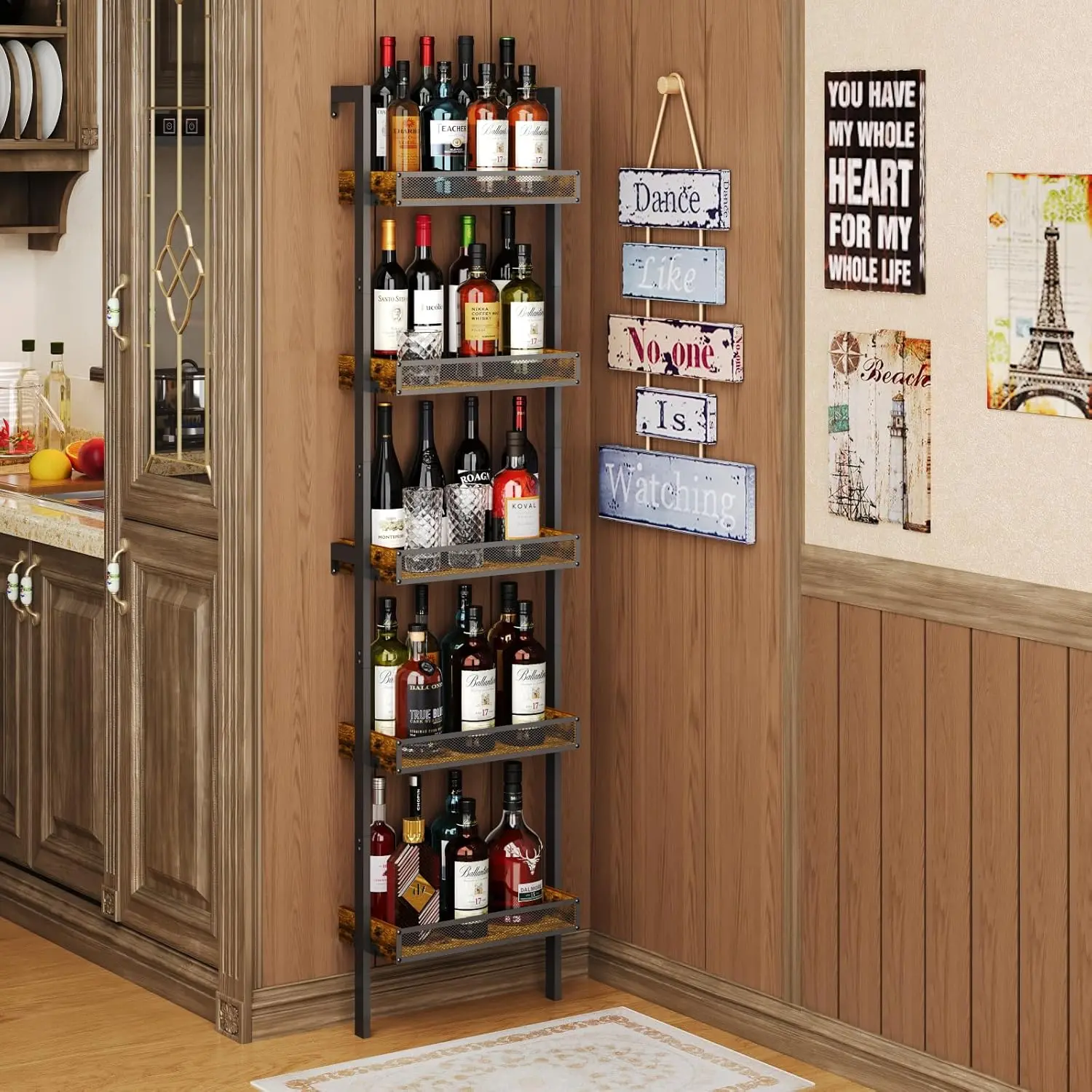 

5-Tier Freestanding Wine Racks: 50 Bottles Wine Rack Shelf Wall Mounted with Fences, 17.28''L x 7.95''W x 68.5''H