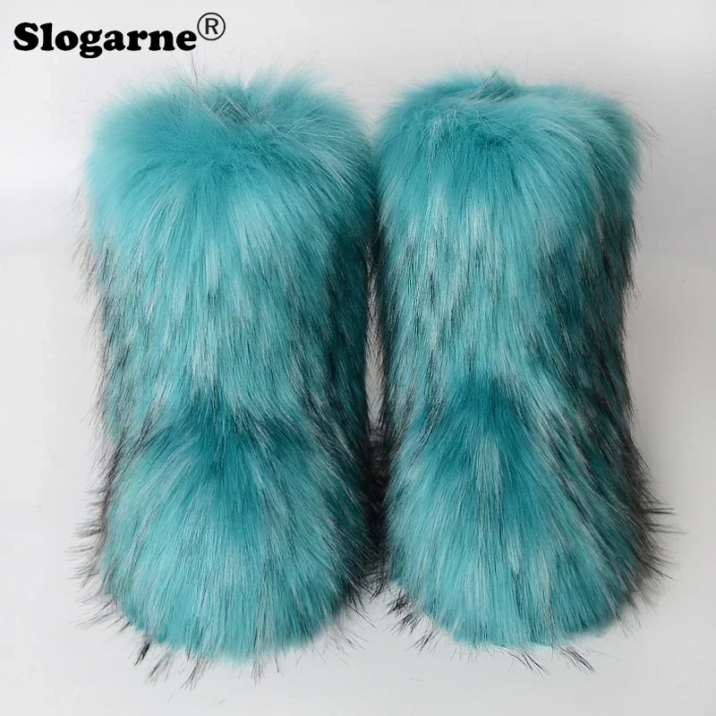 Women Winter Faux Raccoon Fur Snow Boots Woman Plush Warm Furry Boots Luxury Footwear Girls Fashion Colorful Fluffy Shoes Bottes