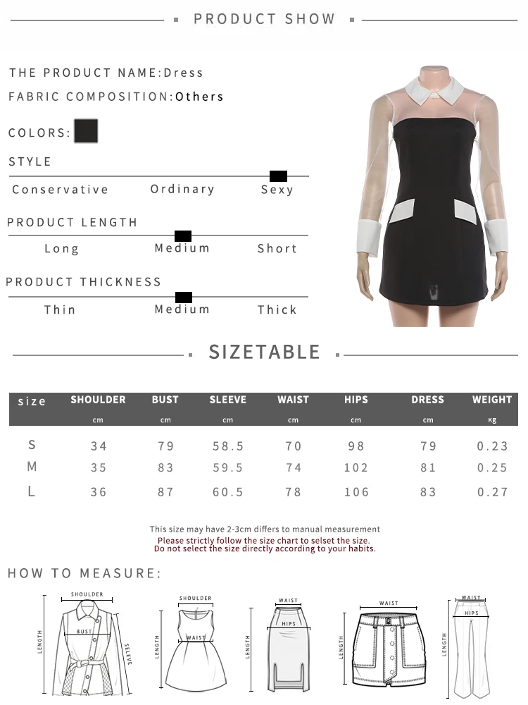 Weird Puss Fashion Mesh-Patchwork-Kleid für Damen, sexy, farbblockierend, trendig, mit Umlegekragen, langen Ärmeln, elegant, für Party und Club, figurbetont – Detail 1