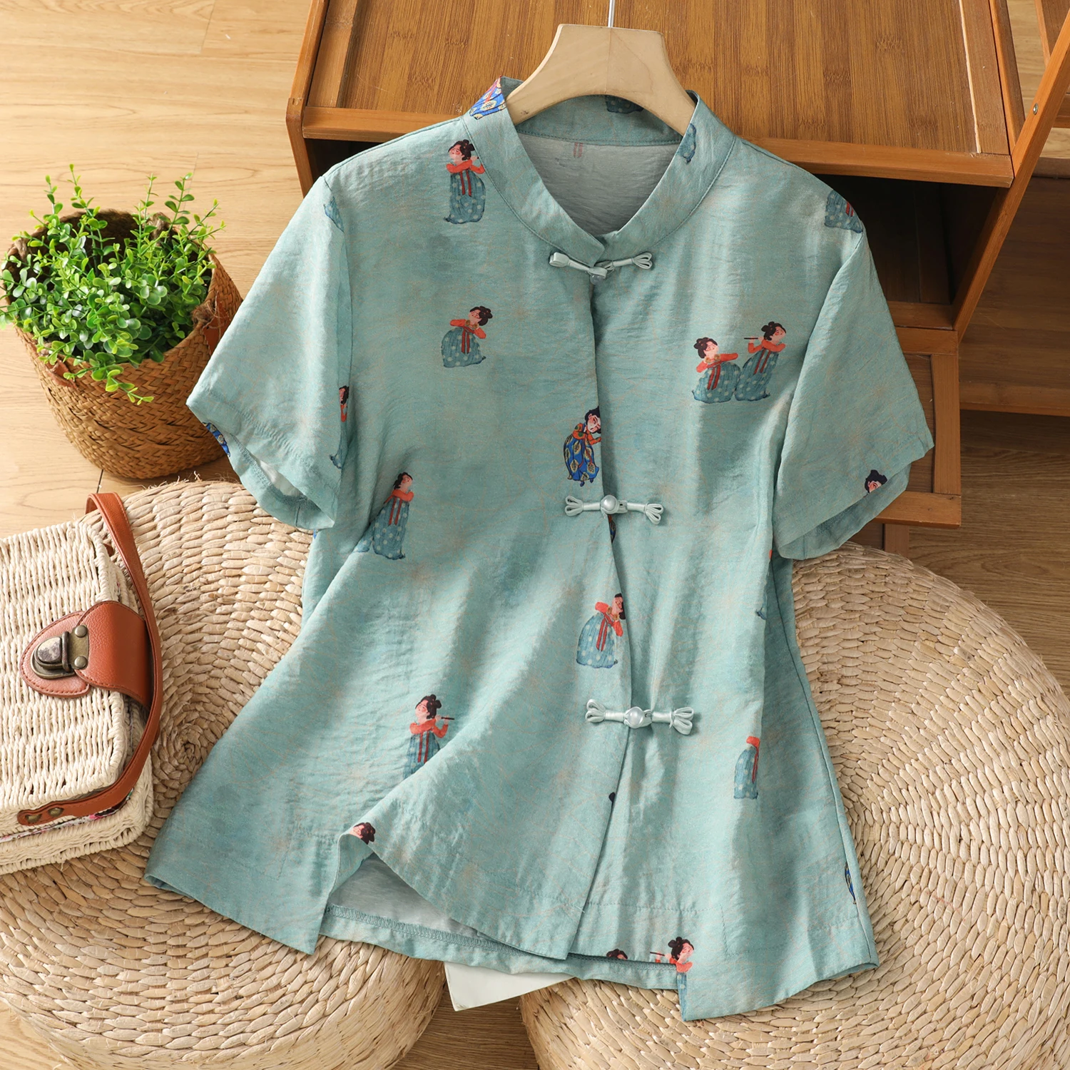 

New Chinese Style Short Sleeve Shirt Women Summer Tang People Print Silk Slimming Stand Collar T-Shirt Small Shirt Color Change