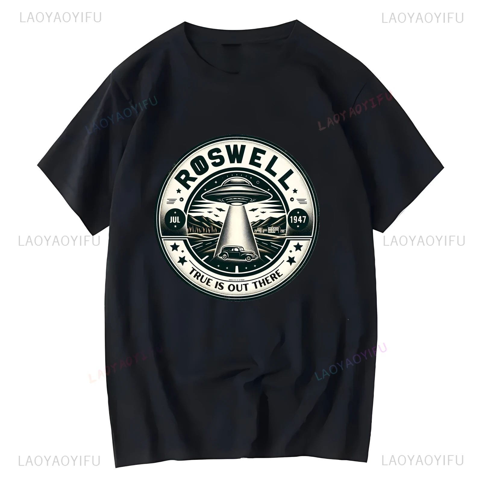 1947 ROSWELL TRUE IS OUTERE-UFO-ET- قميص مطبوع برسومات عتيقة، تي شيرت كاجوال أنيق لعشاق استكشاف الكون #5