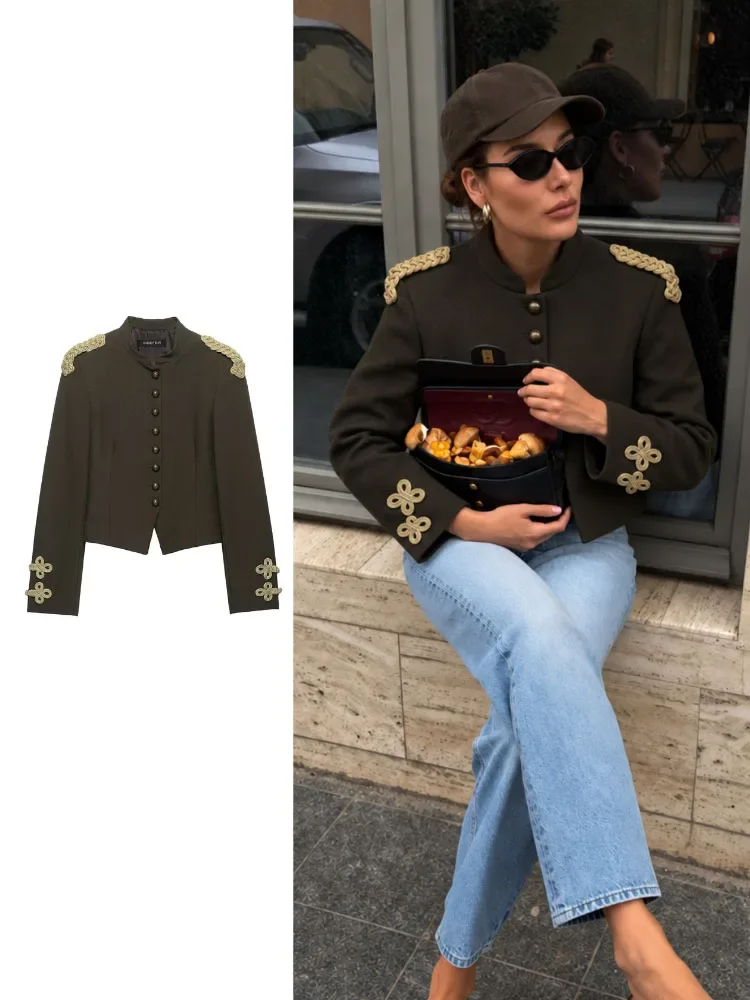New Vacation Fashion Getaway Dark Olive Cropped Jacket Women Fall Stand Collar Gold Trim Travel Casual Chic Stylish Outerwear