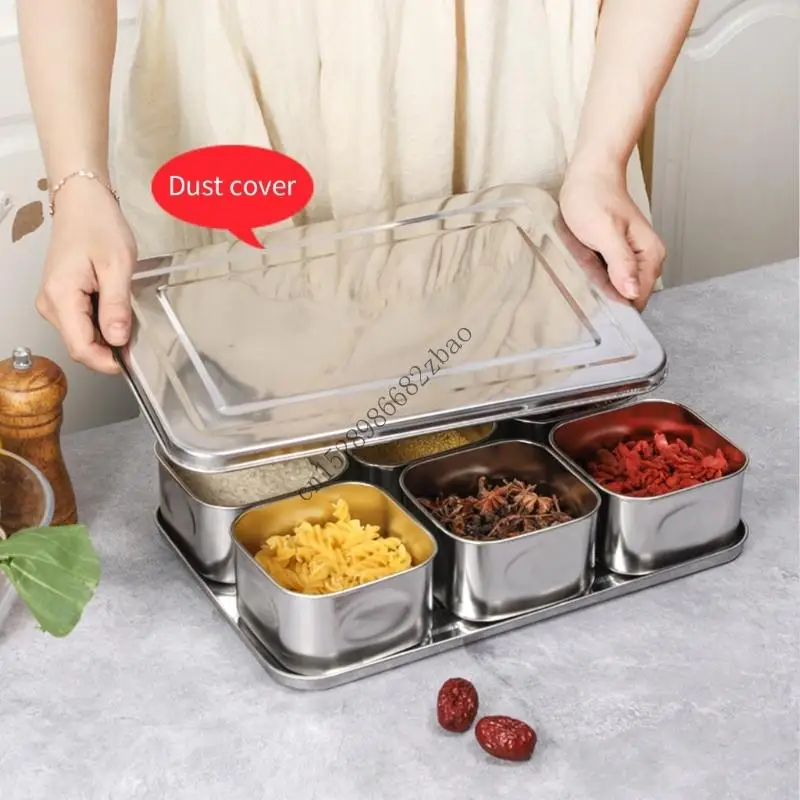 H7EA Stainless Steel Kitchen Seasoning Container 6/8 Grids Odor Proof Storage Box