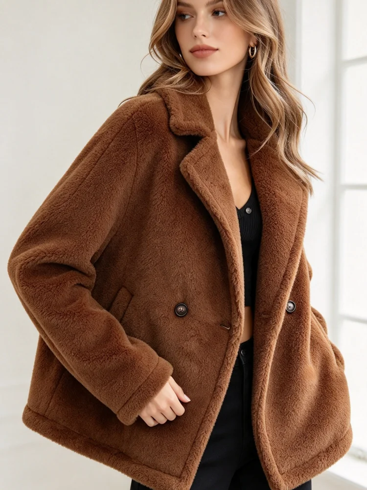 Women's Short Teddy Coat Lapel Double Breasted Fluffy Sherpa Fleece Jacket Warm Winter Casual Outerwear With Pockets