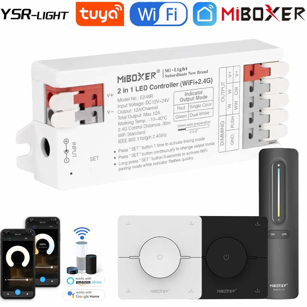 Miboxer Tuya WiFi 2in1 LED Strip Controller Tool-free 5050 COB DIM/CCT with RF RemoteVoice/ APP Control for Amazon Alexa Google