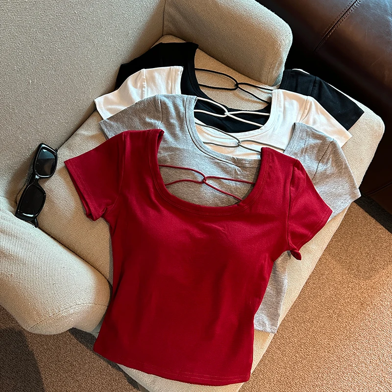 Retro Hong Kong Style Cross Back Hollow out Short Sleeve T-Shirt Women Summer Inner Wear Pure Desire Spicy Girl Top
