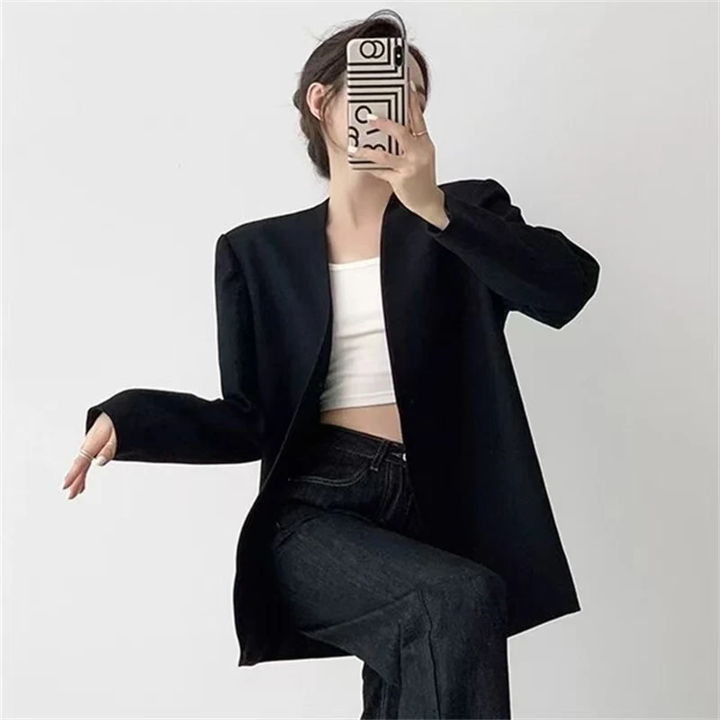2026 Spring New Buttonless Suit Jackets Women Elegant Solid Color Long Sleeve Office Blazers Ladies Temperament V Neck Blazers