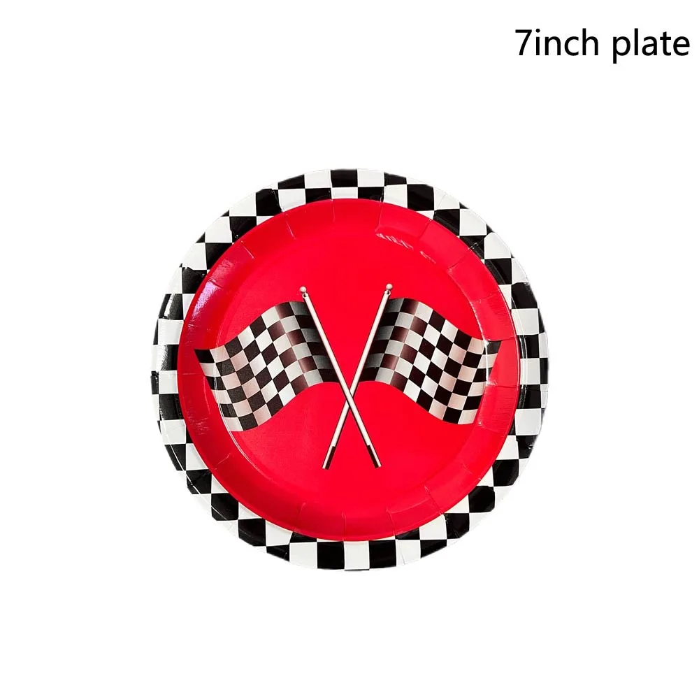 12/60 Stück rote Rennpappteller, Einwegteller, rotes Rennwagen-Mottoparty, schwarz, weiß, kariert, Kindergeburtstag, Partyzubehör – Detail 2