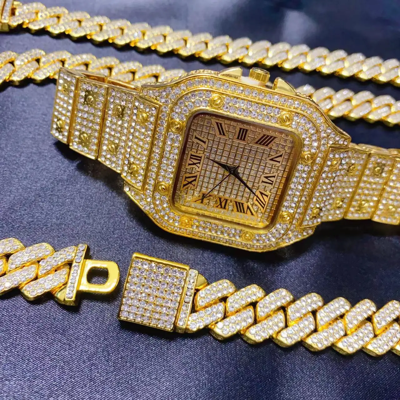 3PC Hip Hop Luxury Watch Necklace Bracelet Jewelry Set for Men Bling Bling Gold Silver Diamond Iced Out Box Cuban Chain Relogio