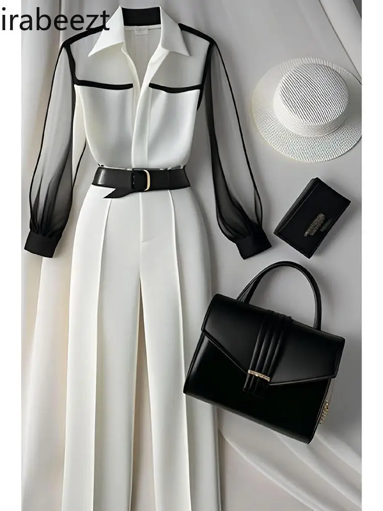 

High-end White Shirt Paired with Trousers Slight Strech Ensemble Femme 2 Pièces Été Conjuntos Mujer Dos Piezas De Vestir