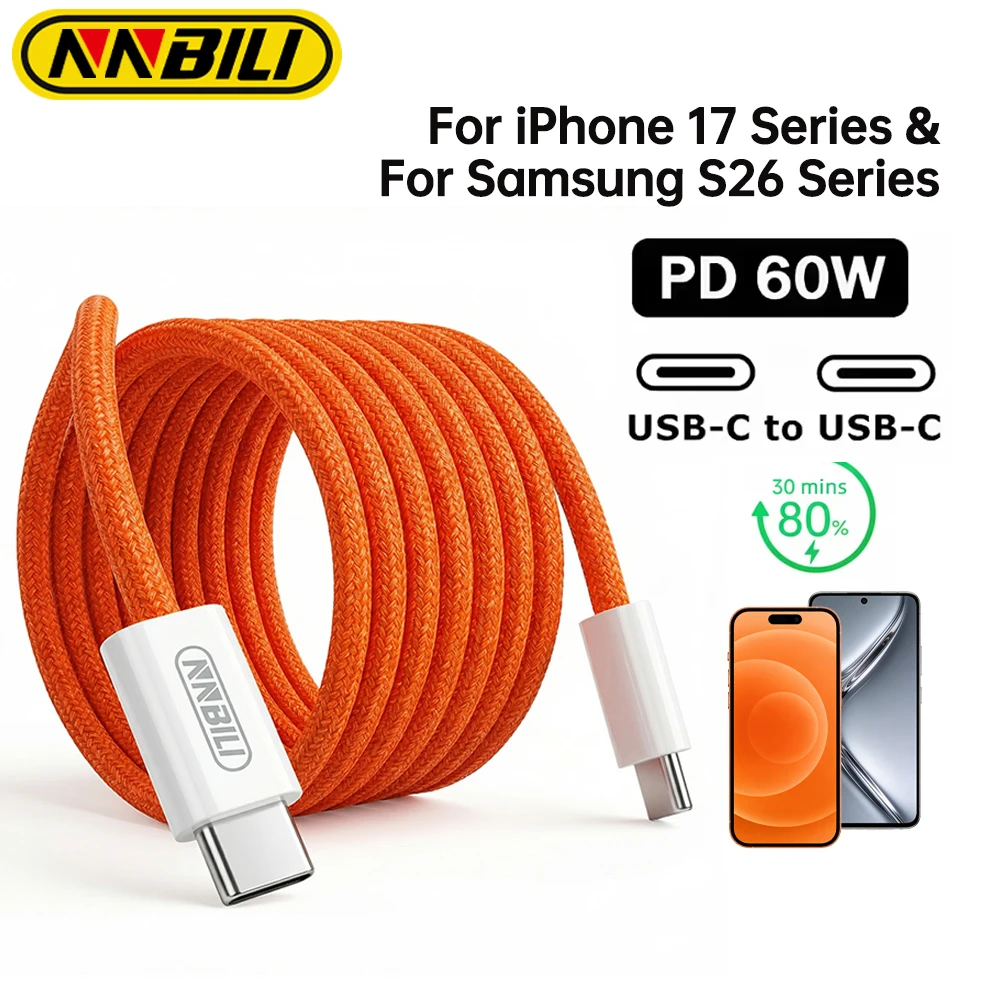 NNBILI 60W USB-C zu USB-C Kabel für Apple iPhone 17 16 15 PD 60W Schnellladung für Huawei Xiaomi Samsung C-C Geflochtenes Kabel