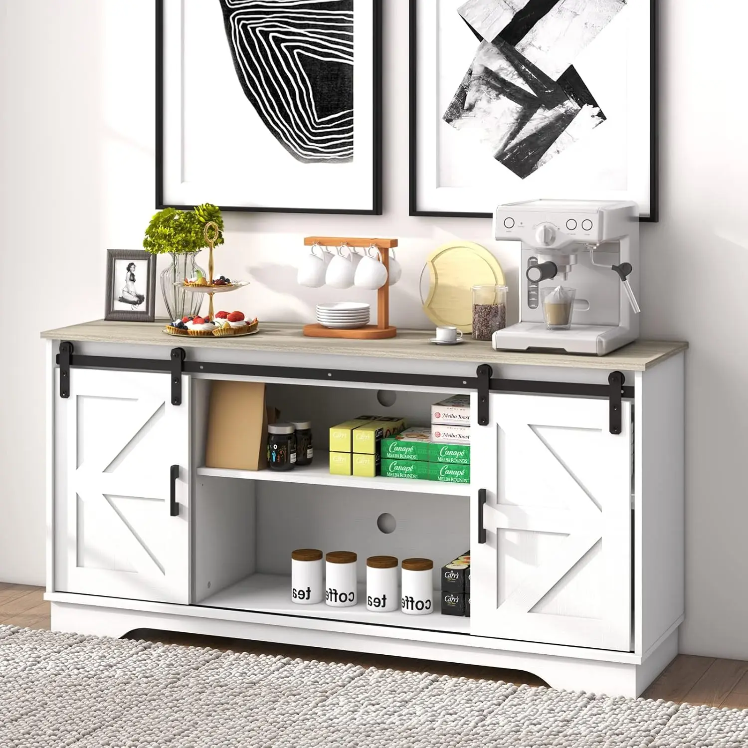 

Bar Cabinet with Barn 2 Sliding Doors Buffet Farmhouse Storage Cabinet TV Stand (White)