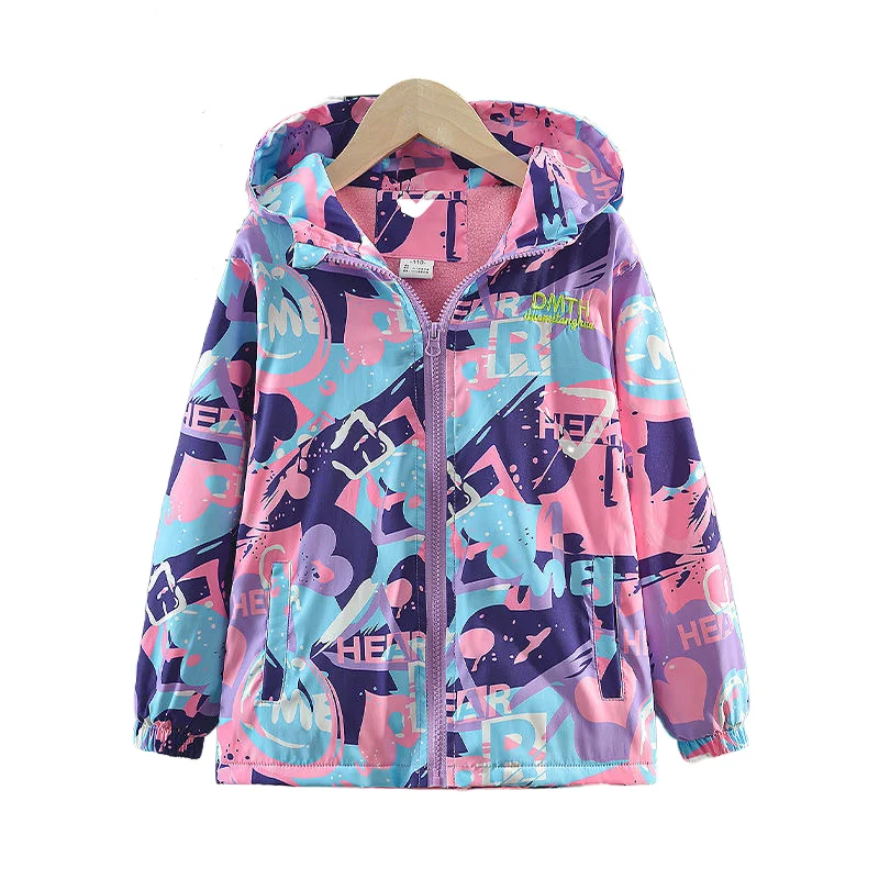 Girls Waterproof Fleece Lined Printed Hooded Zip Hiking Jackets School Kids Outfit Windbreaker Children Track Coat Tops 3-14Yr