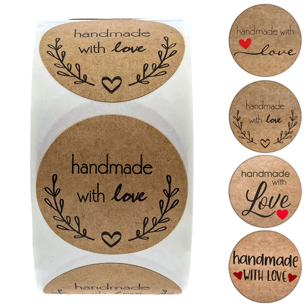 

100-500pcs 1inch Vintage Kraft Paper Handmade With Love Stickers for Package Thank You Stationery Adhesive Labels Baking Seals