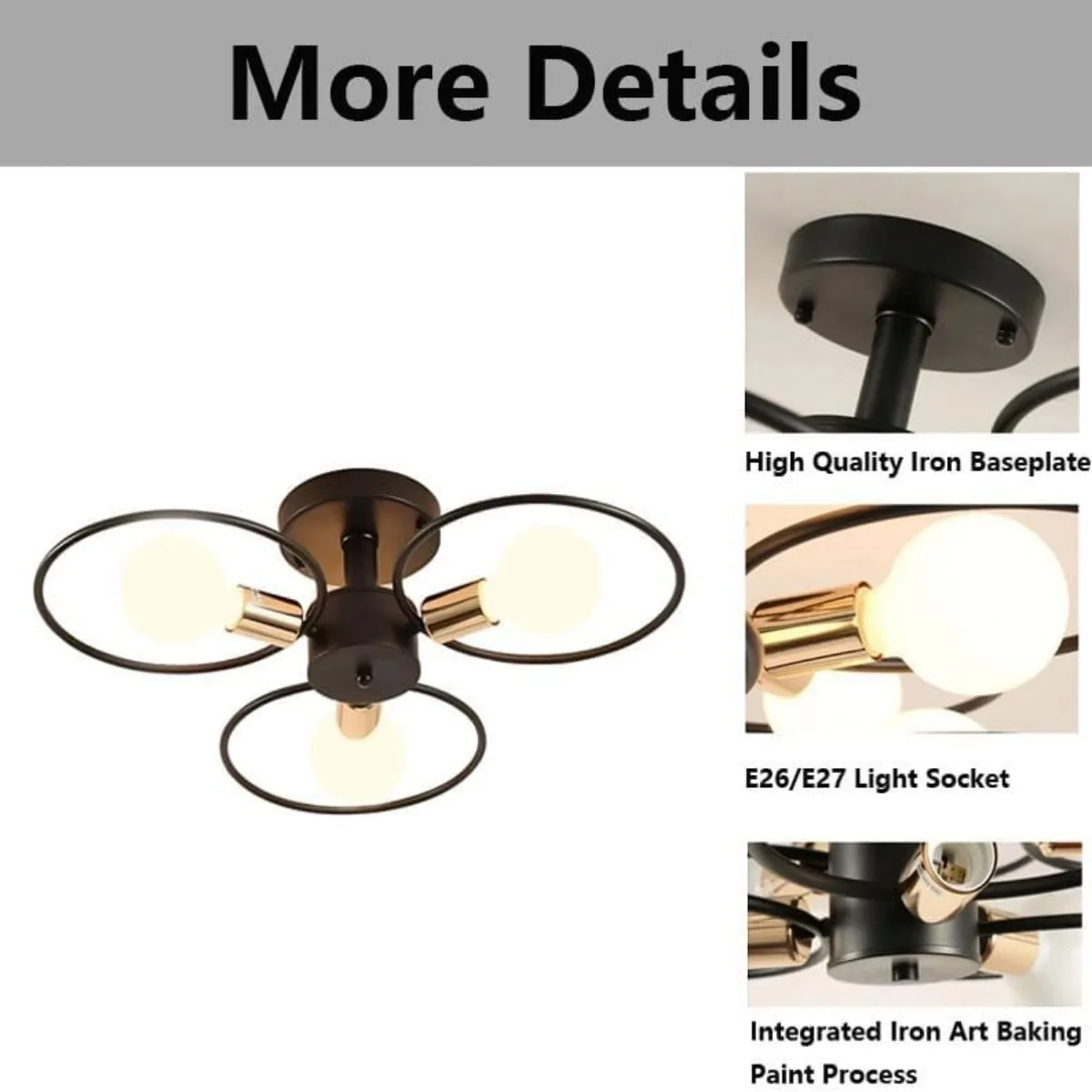 

Retro 3 Head Chandelier with 3 Gold E27 Lamp Holder Round Metal Lampshade Black-Gold Pendant Light Bedroom Kitchen Dining Table