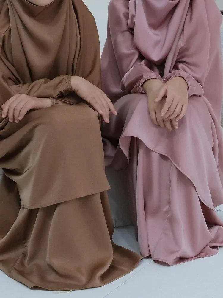 Eid Muslim Long Khimar Dress Kids Girls Abaya Long Khimar Set Prayer Garment Ramadan Dresses 2 Piece Jubha Robe Caftan Jilbab