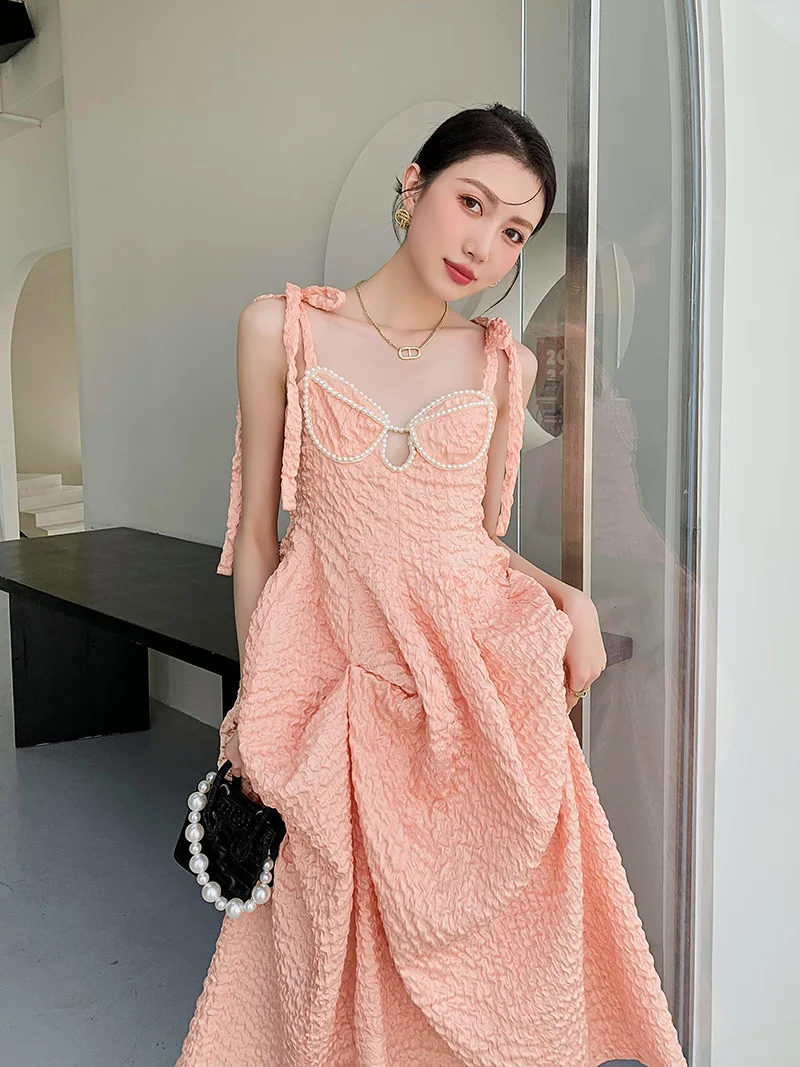 

New Summer Fashion Sexy Halter Maxi Dresses for Women Retro Sweet Fairy Puffy Princess Sleeveless Hollow Out Dress