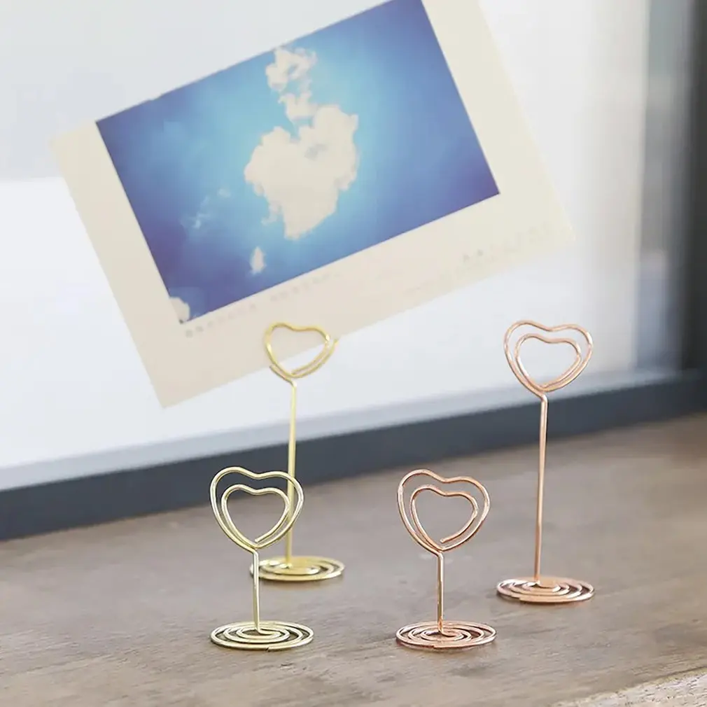 1pcs Duplo Coração Forma Metal Memo Titular Tabela Placecard Titular Foto Clip Card Stand Casamento Banquete Coração Mensagem Titular