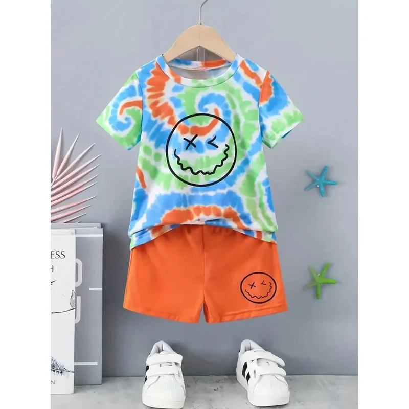 Summer Boys' Tie Dye Smiley Face Print T-Shirt And Shorts Set Short-Sleeved Top with Colorful Pattern Matching Solid Shorts