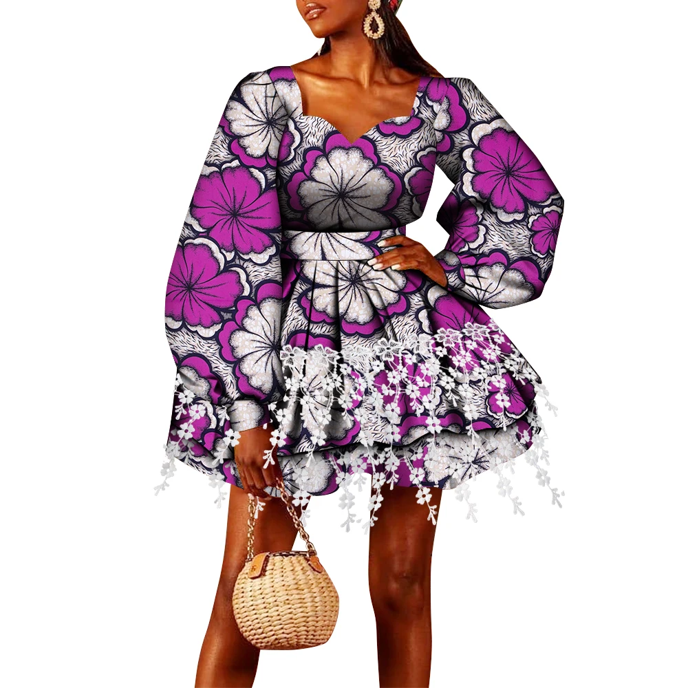 African Long Sleeve Women's Dress Ankara Printed Double Layer Tassel  Mini Belt Dresses African Women Party Daily Clothes Wy9152