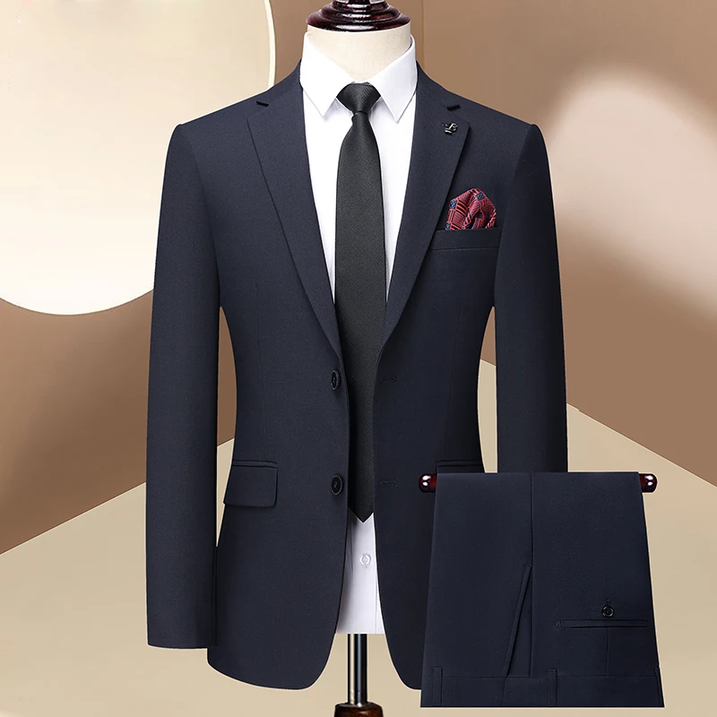 

Spring Autumn Men's Blazer And Trouser 2PCS Suit Set Business Casual Outfits Navy Blue Workwear Gentlemen's Classical Attire