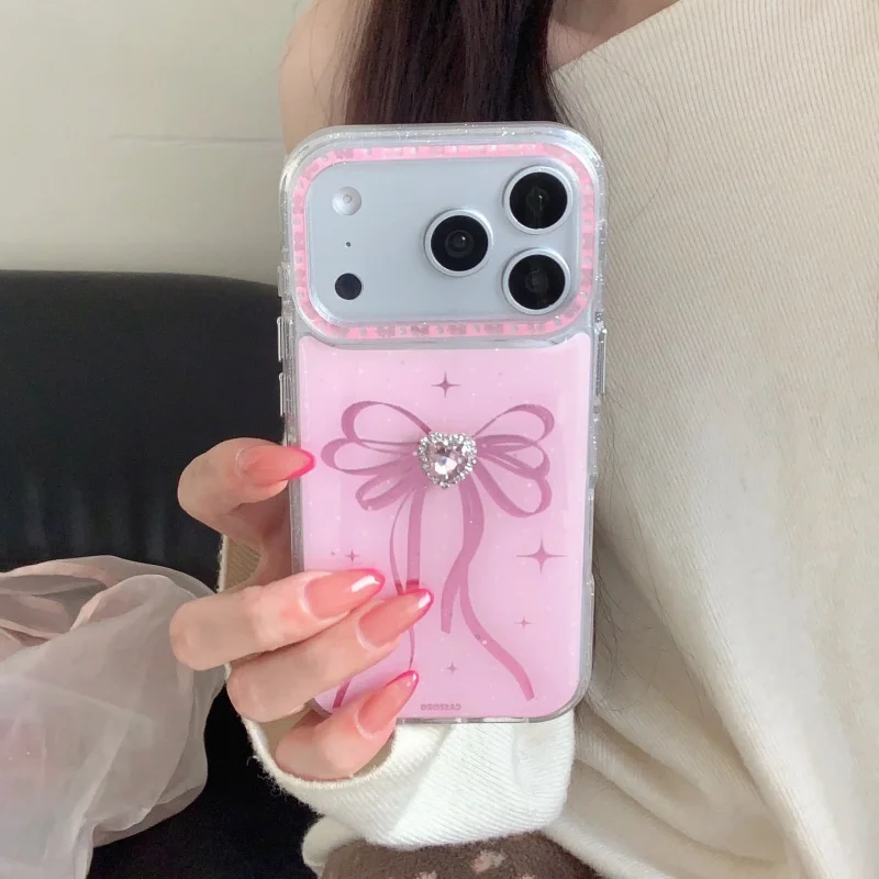 

Korean 3D Pink Diamond Love Heart Bowknot Phone Case For iPhone 17 Pro 16 15 14 Pro Max Protective Cover Shockproof Hard Cases C