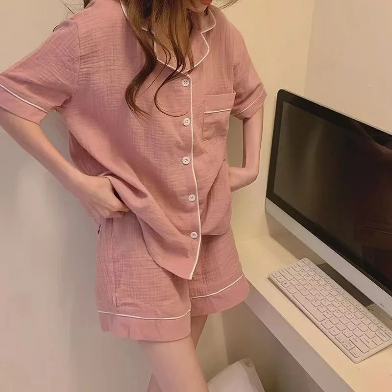 Women Pajamas Shorts Set Pocket Sleepwear Pijama Set 2 Pieces Summer Nightwear Button Home Suit Solid Pijama 2026