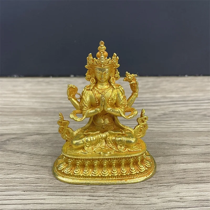 Brass Gilt Tibetan Buddhist Four-armed Guanyin Buddha Statue Living Room Home Garden Decoration Statue Sculpture Desktop Crafts