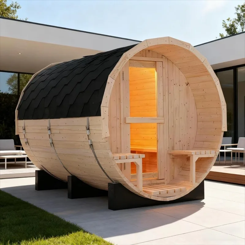 Premium Solid White Pine Outdoor Barrel Sauna 6 Person Backyard Weather Resistant with Spacious Front Porch Custom