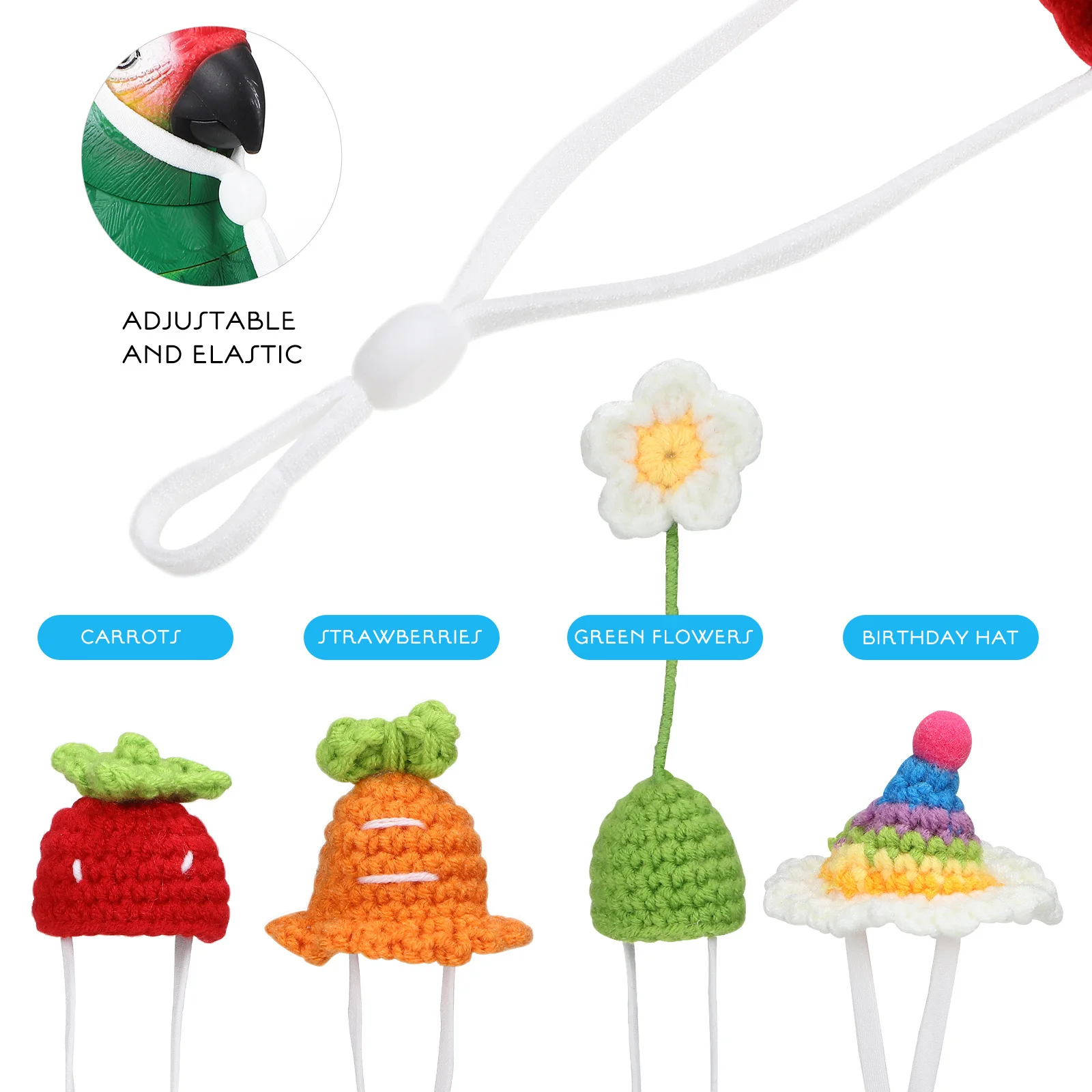 

4Pcs Knitted Small Animal Hats Cute Carrot Strawberry Flower Rainbow Pet Hats Adjustable Rope for Hamsters Guineas