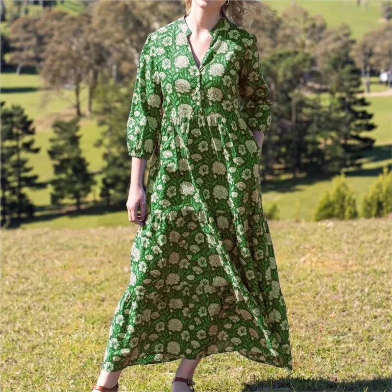 Boho Women's Casual Dress Autumn Spring New Vintage Printed V-neck Three-quarter Sleeve Loose A-line Dresses For Women Vestidos