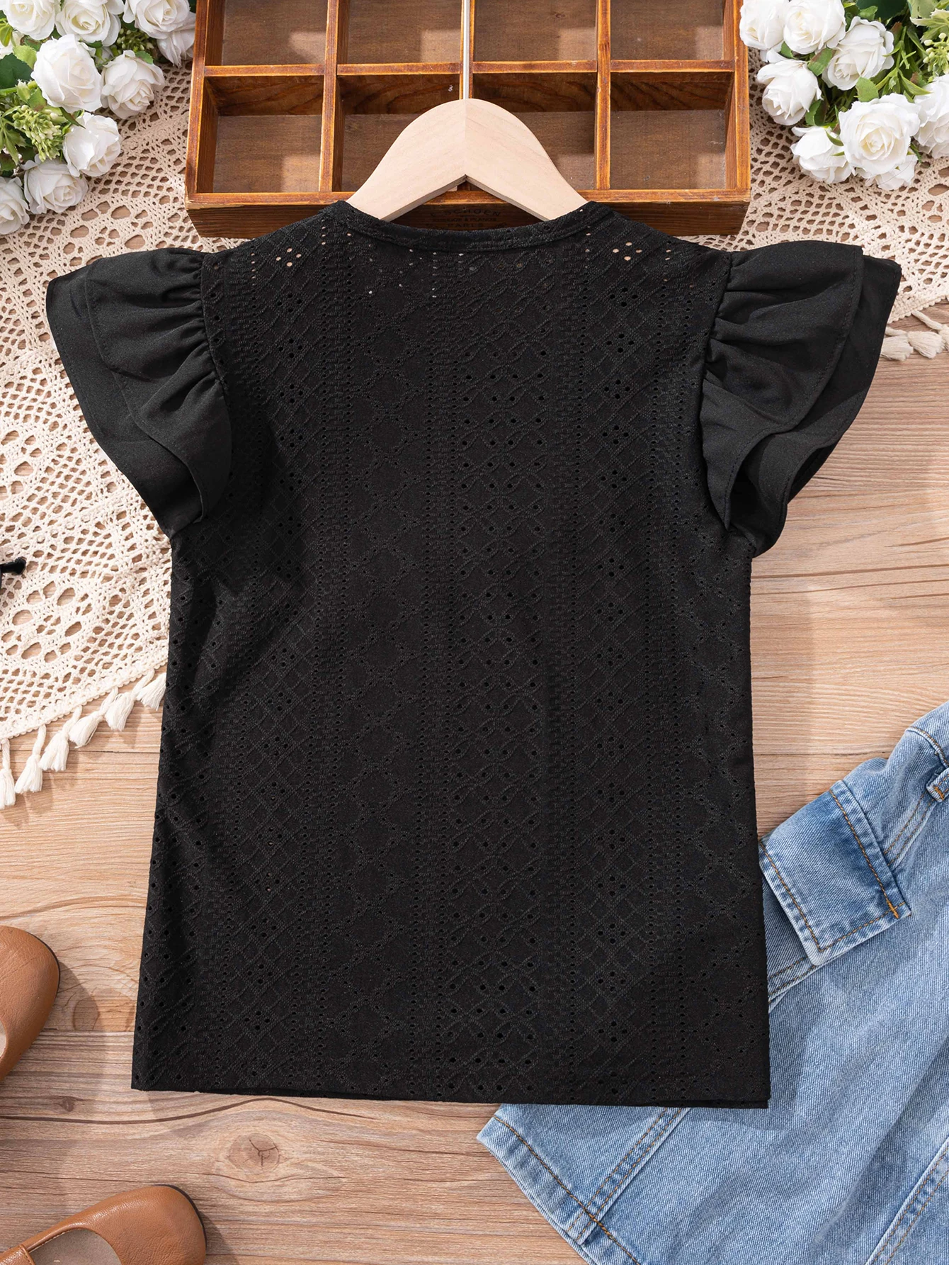 Cute Everyday Versatile Multi-Color Patterned Hollow-Out Fabric Flutter Sleeve Design Round Neck Pullover Girls' T-Shirt Fashionable Little Girl Top