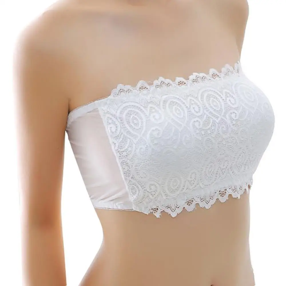 Women Solid Color Non-Slip Strapless Stretch Lace Push Up Tube Top Bra Underwear